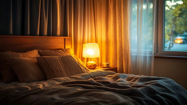 Warm lamplight on a folded throw beside a window at dusk