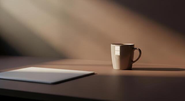 Soft morning light falling across a wooden desk with a warm cup and open notebook